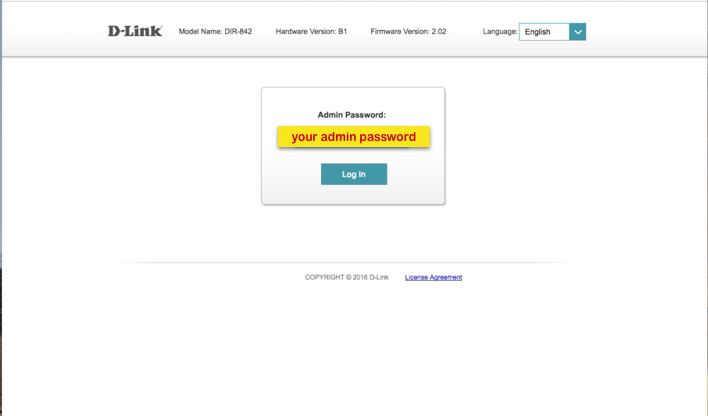 D-Link control panel with Admin Password field highlighted