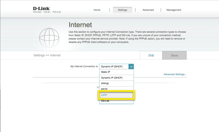 D-Link internet tab with L2TP protocol selected