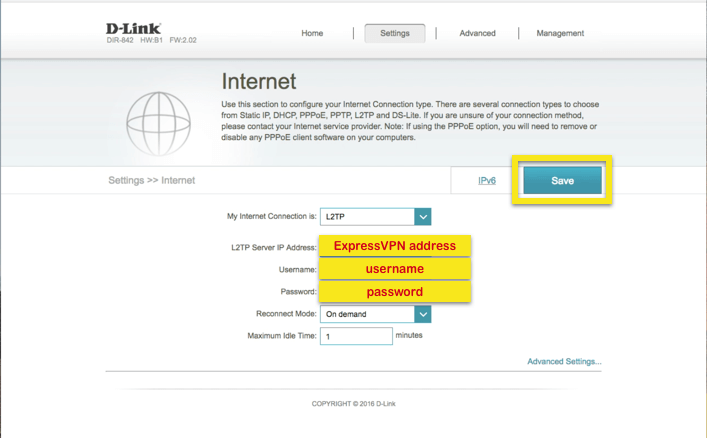 D-Link internet tab with relevant fields highlighted