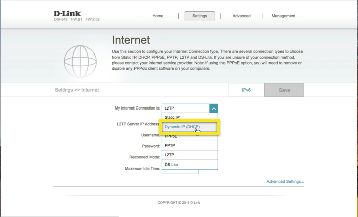 D-Link internet tab with DHCP highlighted