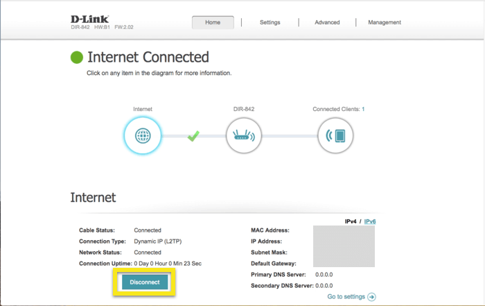 D-Link control panel with "Disconnect" button highlighted