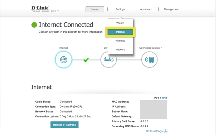 D-Link control panel with Internet selected from Settings dropdown