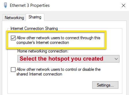 Ventana de propiedades de Ethernet 3 mostrando la zona de cobertura inalámbrica que ha creado.