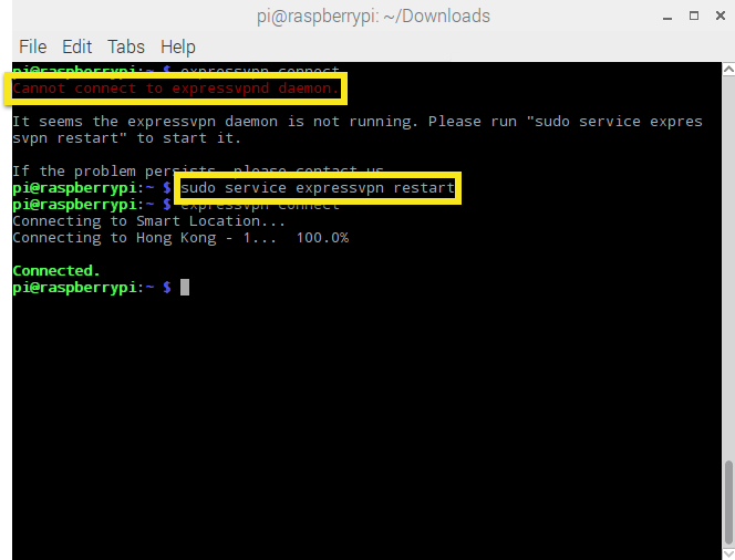 raspbian expressvpn restart