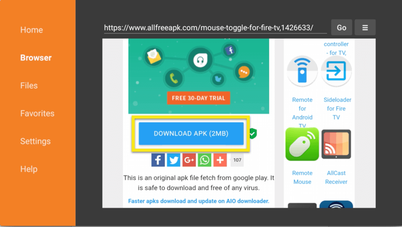 Browser tabblad met Download APK button gemarkeerd.