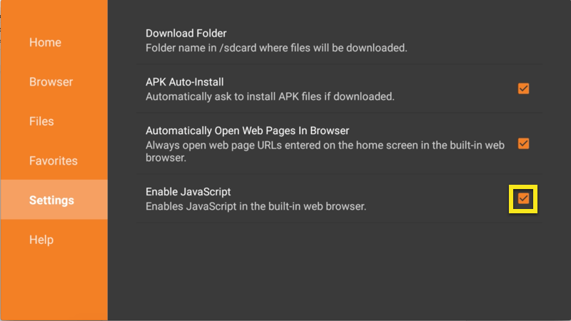 Downloader instellingsscherm met Enable JavaScript vakje gemarkeerd.