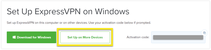 ExpressVPN setup screen with "Set Up on More Devices" button highlighted