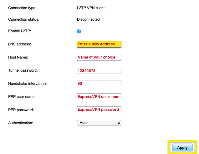 Inserisci un nuovo indirizzo nella casella LNS address.