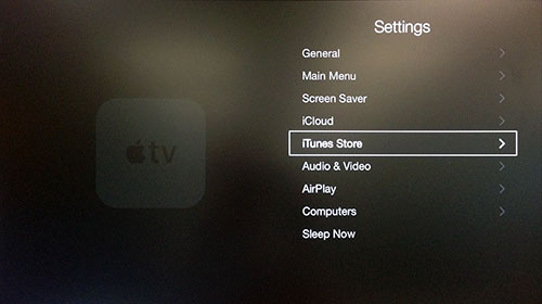 Menu Paramètres Apple TV avec iTunes Store mis en surbrillance.