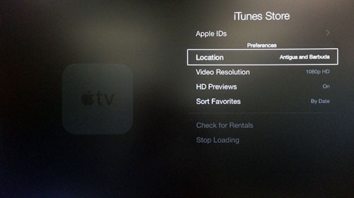 Menu iTunes Store Apple TV con Location evidenziato.