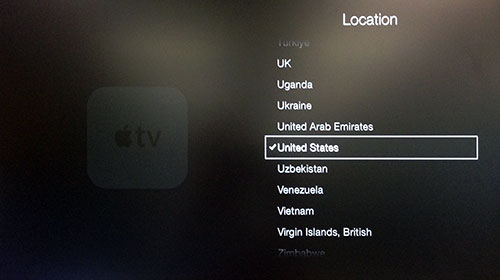 Apple TV Standortmenü mit USA hervorgehoben.