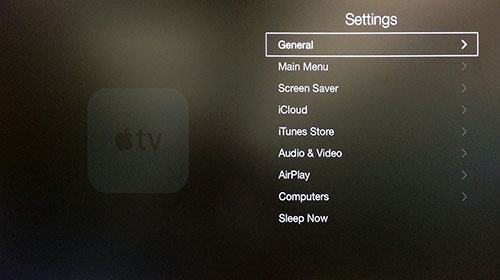 Apple TV Instelmenu met Algemeen gemarkeerd.