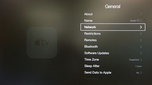 Menu General Apple TV con Network evidenziato.