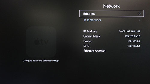 Menu Rede da Apple TV com Ethernet destacado.