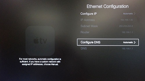 Apple TV Ethernet Konfigurationsmenü mit DNS konfigurieren hervorgehoben.