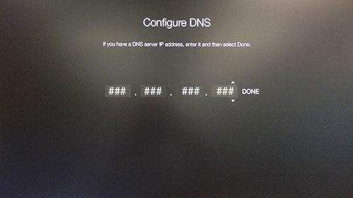 Écran Apple TV Configurer DNS en attente de la saisie de l'adresse IP.