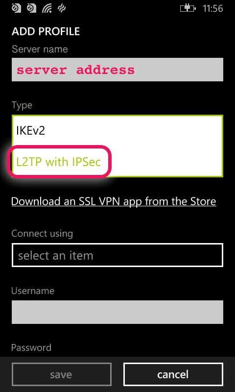 add a server address and choose l2tp