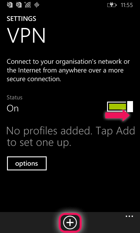 vpn status on and add profile