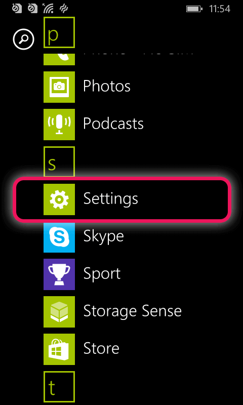 windows phone settings